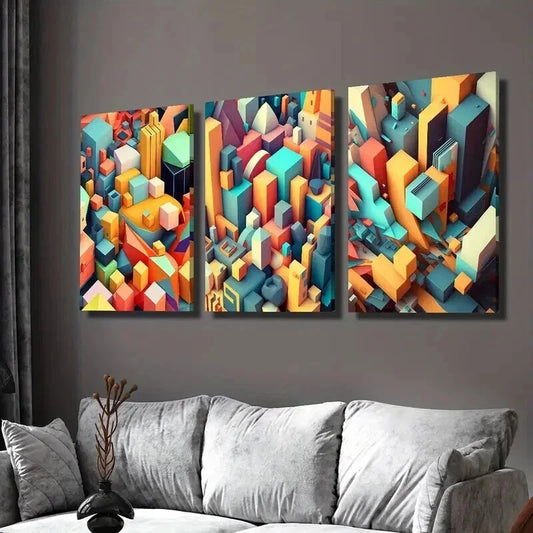 3pcs Mosaic Color Geometric City Top Cubic Wall Art Set Canvas Framed 40x60cm - High Quality Print 100% Australian Made Wall Canvas Ready to Hang
