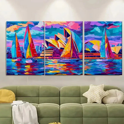 3pcs Sydney Harbour Fauvist Color Artwork Wall Art Set Canvas Framed 40x60cm - High Quality Print 100% Australian Made Wall Canvas Ready to Hang