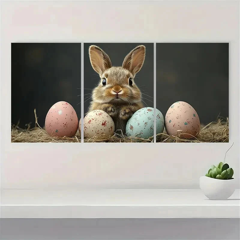 3pcs Black Retro Easter Bunny Pastel Perfect Wall Art Set Canvas Framed 40x60cm - High Quality Print 100% Australian Made Wall Canvas Ready to Hang