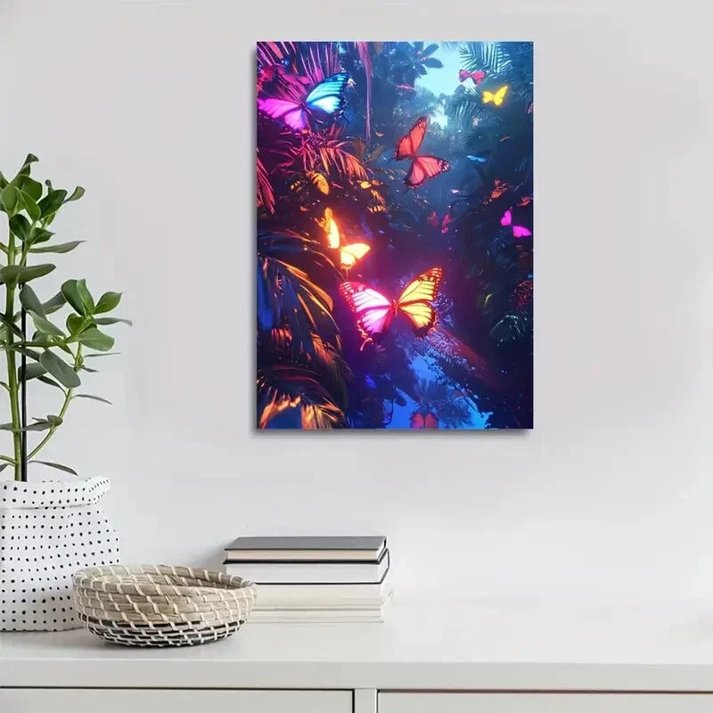 Vibrant Butterfly Jungle Painting  40x60cm Metal Print Ready to Hang