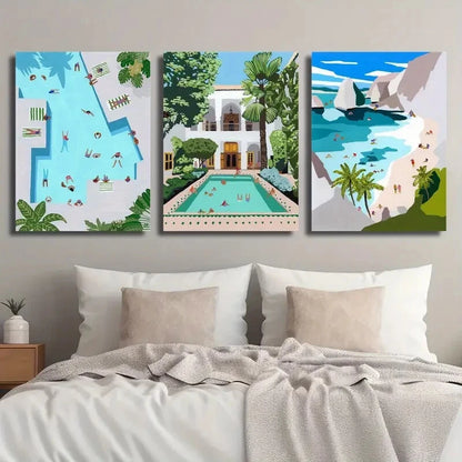 3pcs Vibrant Moroccan Swimming Pool Perfect Wall Art Set Canvas Framed 40x60cm - High Quality Print 100% Australian Made Wall Canvas Ready to Hang