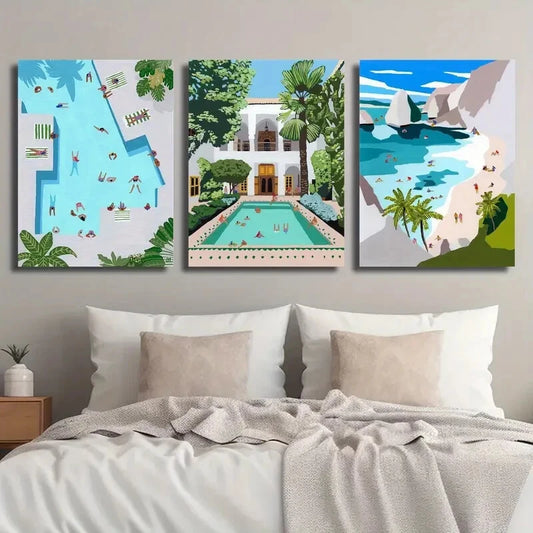3pcs Vibrant Moroccan Swimming Pool Perfect Wall Art Set Canvas Framed 40x60cm - High Quality Print 100% Australian Made Wall Canvas Ready to Hang
