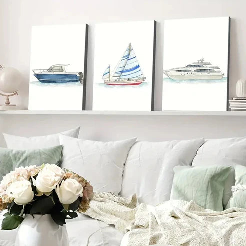 3pcs Ship Transportation Bars Designs Blue White Wall Art Set Canvas Unframed - High Quality Print 100% Australian Made Wall Canvas