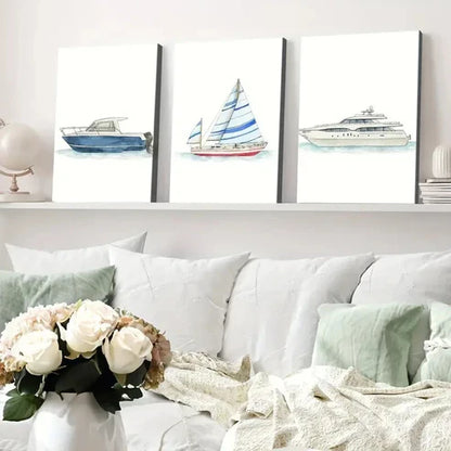 3pcs Ship Transportation Bars Designs Blue White Wall Art Set Canvas Unframed - High Quality Print 100% Australian Made Wall Canvas