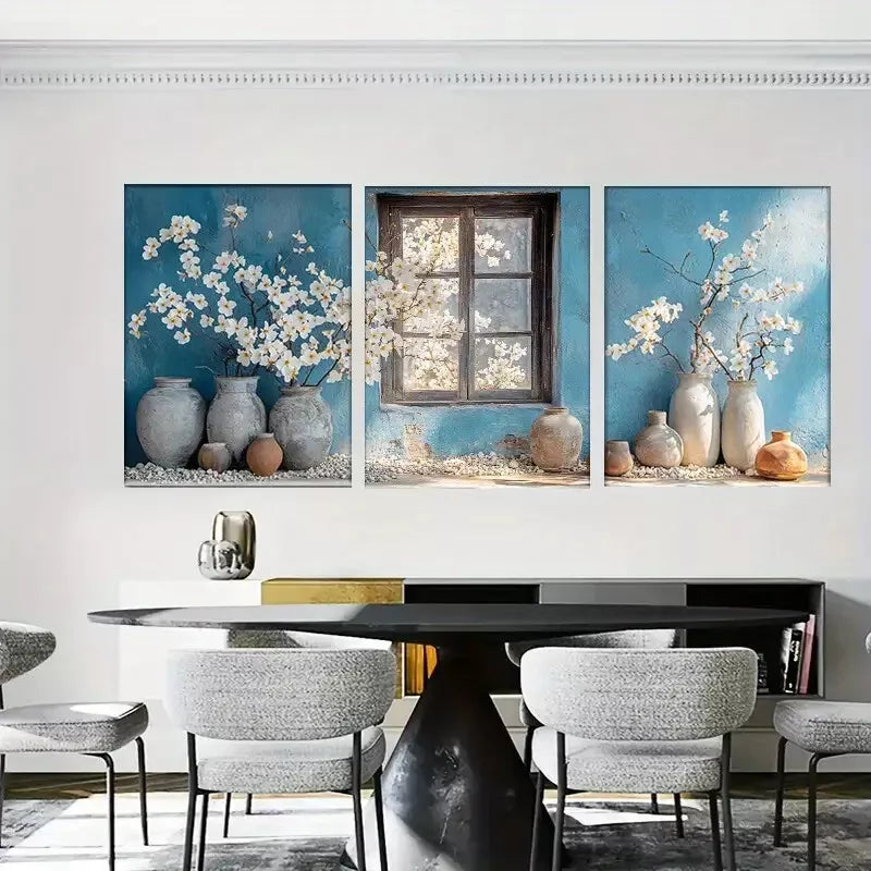 3pcs White Blossom Flowers-Vintage Floral  Wall Art Set Canvas Framed 40x60cm - High Quality Print 100% Australian Made Wall Canvas Ready to Hang