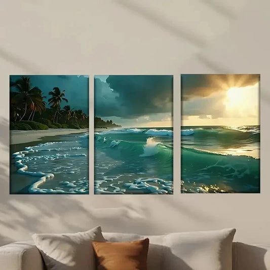 3pcs Vibrant Sunset Palm Trees & Waves Wall Art Set Canvas Framed 40x60cm - High Quality Print 100% Australian Made Wall Canvas Ready to Hang