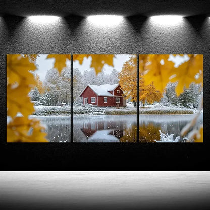 3pcs House in The Snow Golden Leaves Metal Print Ready to Hang Art