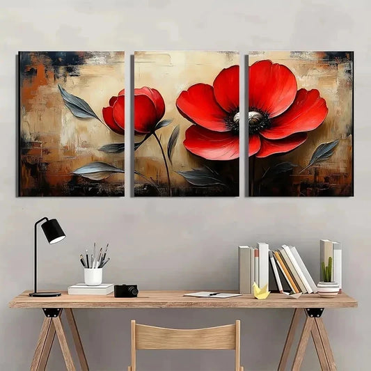 3pcs Red Flower Beige Vintage Perfect Wall Art Set Canvas Framed 40x60cm - High Quality Print 100% Australian Made Wall Canvas Ready to Hang