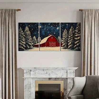 3pcs Winter Barn & Snowy Trees Starry Night Sky Wall Art Set Canvas Framed 40x60cm - High Quality Print 100% Australian Made Wall Canvas Ready to Hang