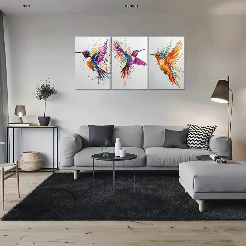 3pcs Colorful Hummingbird Pink and Orange Metal Print Ready to Hang Art