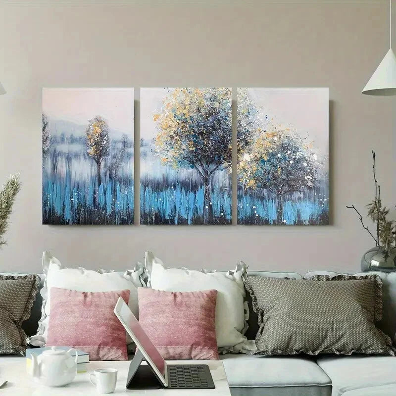 3pcs Abstract Blue and Yellow Tree Metal Print Ready to Hang Art