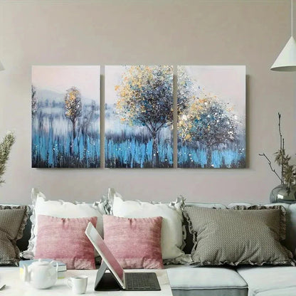 3pcs Abstract Blue and Yellow Tree Metal Print Ready to Hang Art