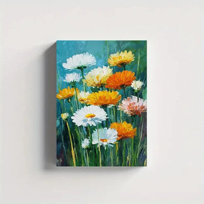 White & Yellow Daisies On Blue Background Painting 60x90cm Metal Print Ready to Hang