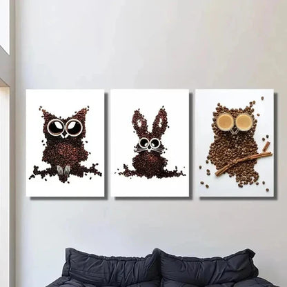 3pcs Owl Bunny & Rabbit Designs with Coffee Cup Wall Art Canvas Unframed – High Quality Print 100% Australian Made Wall Canvas