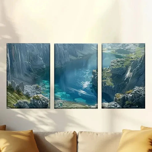 3pcs Deep Green Lake Canyon Wall Art Set Canvas Unframed – High Quality Print 100% Australian Made Wall Canvas