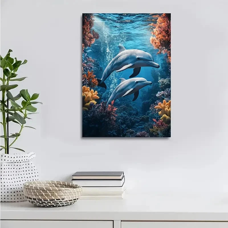 Scene of Dolphin Playing Together Underwater Painting  40x60cm Metal Print Ready to Hang