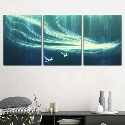 3pcs Blue & Green Swirling Designs with Seagulls Wall Art Set Canvas Framed 40x60cm - High Quality Print 100% Australian Made Wall Canvas Ready to Hang