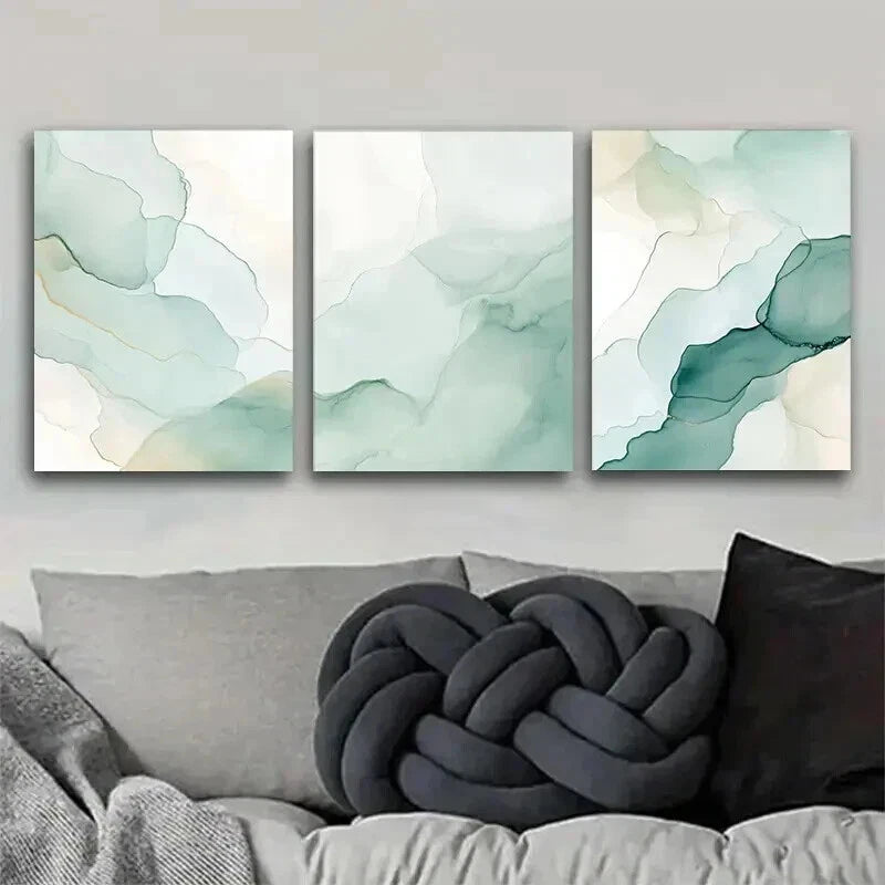 3pcs Elegant Green Abstract Watercolor Painting Wall Art Set Canvas Framed 50x70cm - High Quality Print 100% Australian Made Wall Canvas Ready to Hang