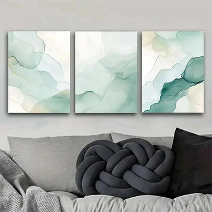 3pcs Elegant Green Abstract Watercolor Painting Wall Art Set Canvas Framed 50x70cm - High Quality Print 100% Australian Made Wall Canvas Ready to Hang