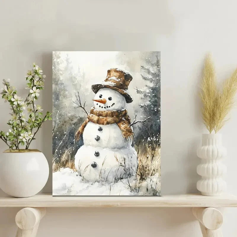 Charming Snowy Landscape Watercolor Snowman 40x60cm Metal Print Ready to Hang