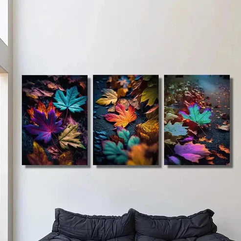 3pcs Colorful Maple Leaf Falling on the Ground Wall Art Canvas Unframed - High Quality Print 100% Australian Made Wall Canvas