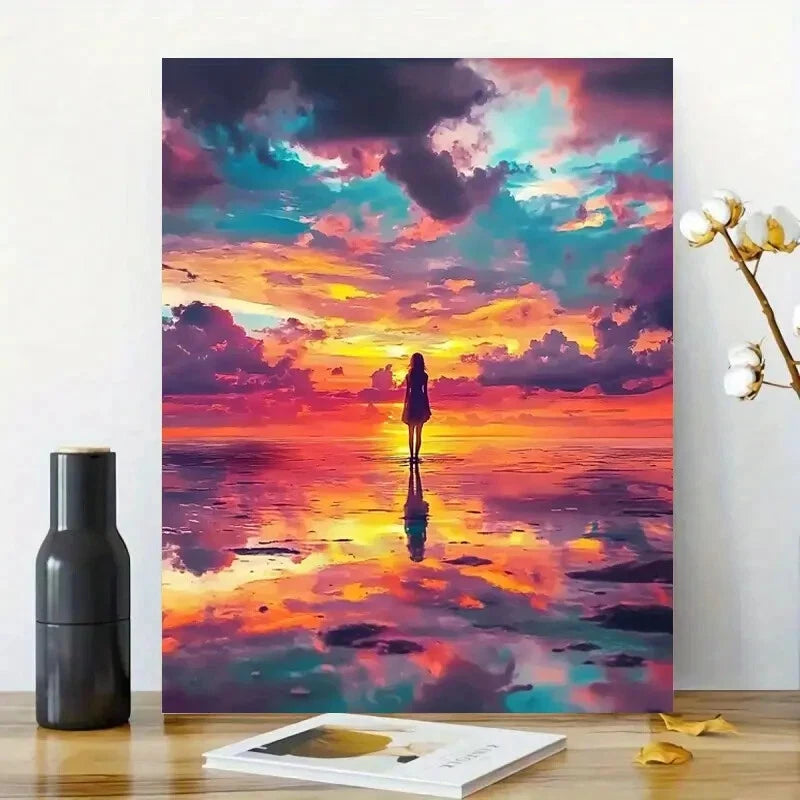 Girl Stands On The Beach, with Colorful Clouds in Sky 40x60cm Metal Print Ready to Hang