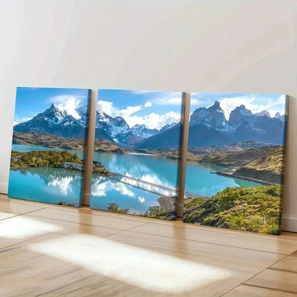 3pcs Chile Andes Lake Patagonia Bridge Wall Art Set Canvas Framed 40x60cm - High Quality Print 100% Australian Made Wall Canvas Ready to Hang