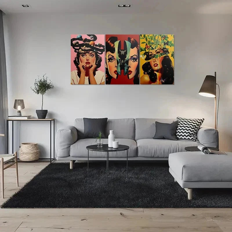 3pcs Mid Century Modern Retro Woman Metal Print Ready to Hang Art