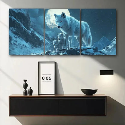3pcs White Wolf family Blue Themed Metal Print Ready to Hang Art