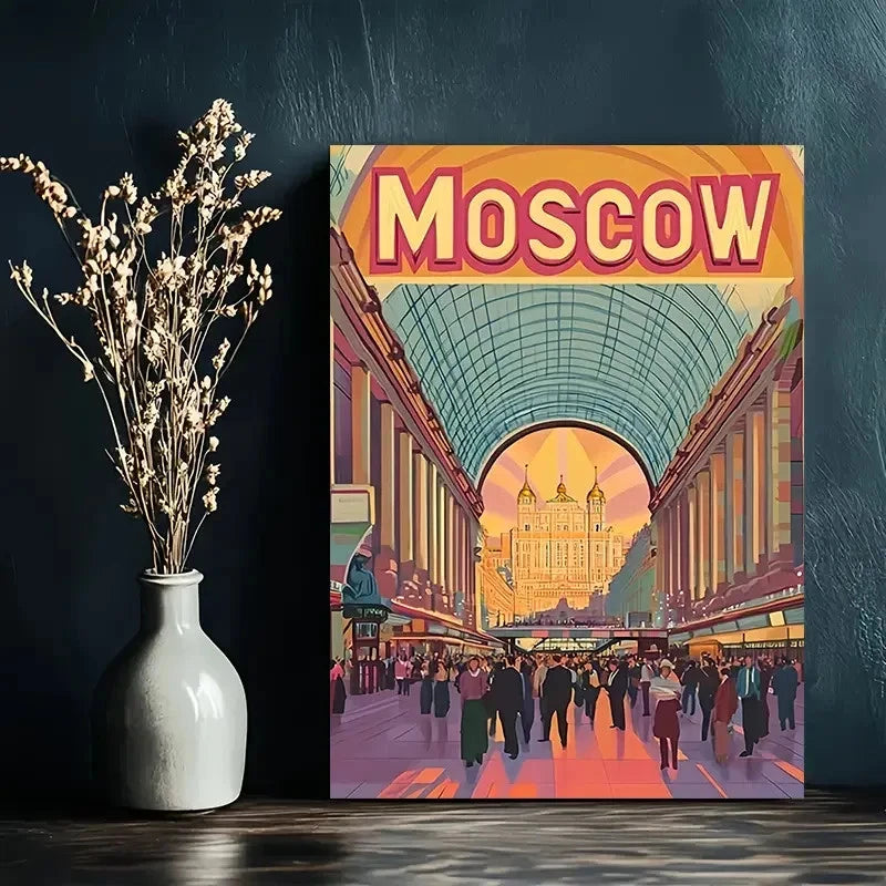 Moscow Retro Metro Map & Red Square Landmarks Travel Poster Print Wall Art