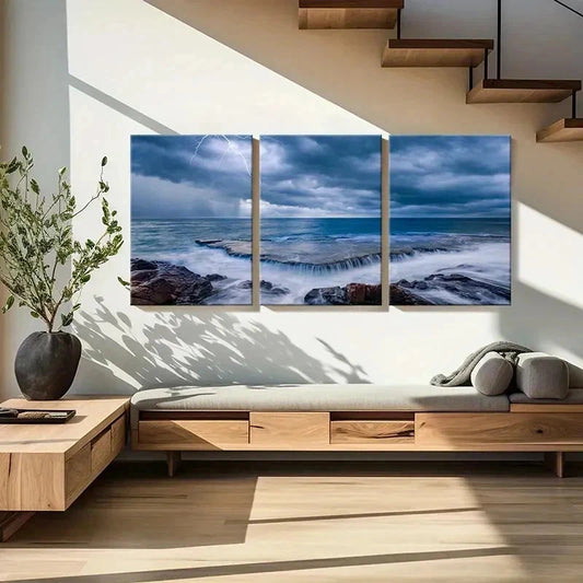 3pcs Seascape and Lightning Clouds Wall Art Set Canvas Framed 40x60cm - High Quality Print 100% Australian Made Wall Canvas Ready to Hang