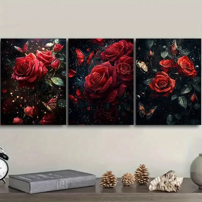 3pcs Red Roses Rain Green Leaves Metal Print Ready to Hang Art