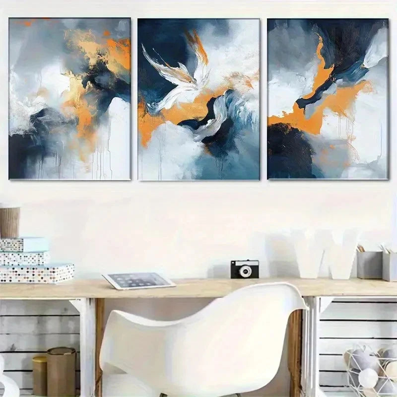 3pcs Blue White and Golden Fluid Paints Metal Print Ready to Hang Art