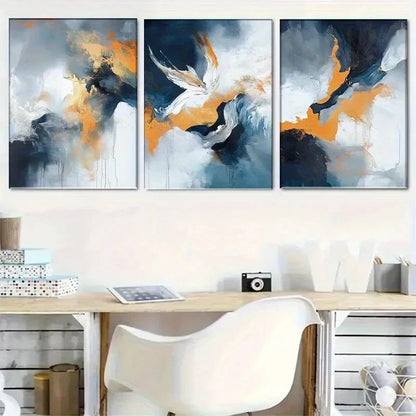 3pcs Blue White and Golden Fluid Paints Metal Print Ready to Hang Art