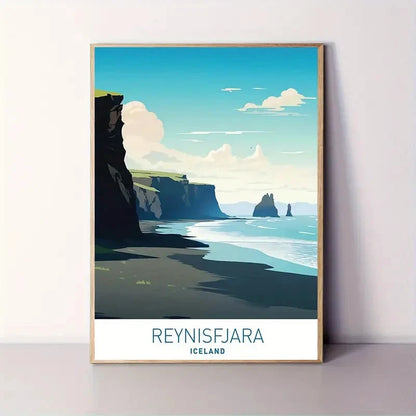 Reynisfjara Iceland Coastal Black Sand Beach Rock Travel Poster Print Wall Art