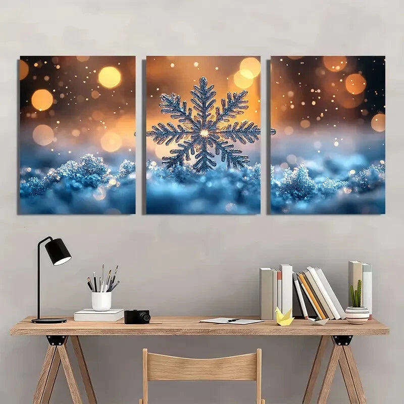 3pcs Winter Wonderland Snowflake & Frosty Bushes Metal Print Ready to Hang Art
