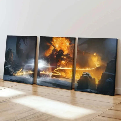 3pcs Middle-Earth Wizard & Fire Monster Wall Art Set Canvas Framed 40x60cm - High Quality Print 100% Australian Made Wall Canvas Ready to Hang
