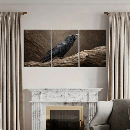 3pcs Black Crow Perched on Branch Natural Metal Print Ready to Hang Art