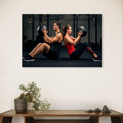 Athletic Couple Doing Core Exercises 5mm Plastic Poster Ready to Hang 90x60cm