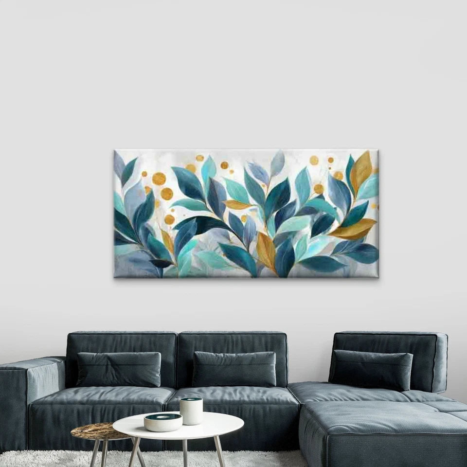 Vintage Leaf with Golden Dots, Wall Art Canvas Office Home Room Framed 120x60cm