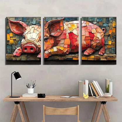 3pcs Pig Mosaic Colourful Painting Metal Print Ready to Hang Art