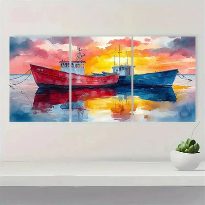 3pcs Marina Painting Sailboat Watercolor Fish E Wall Art Set Canvas Unframed - High Quality Print 100% Australian Made Wall Canvas - Bella Home Decor