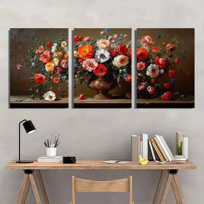 3pcs Vibrant Floral Bouquet Vase Elegant Metal Print Ready to Hang Art