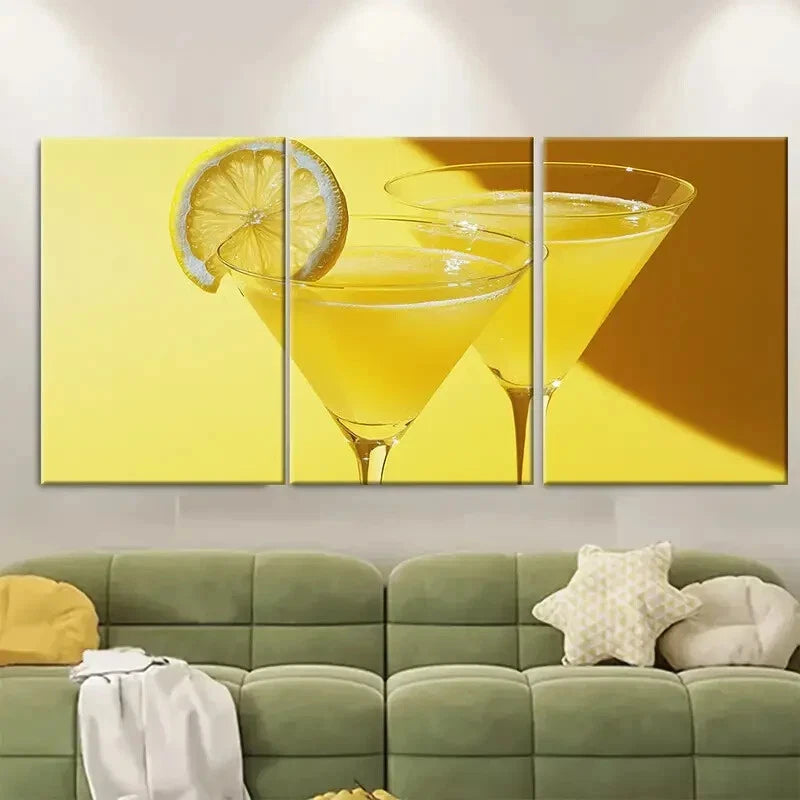 3pcs Vibrant Yellow Cocktail Print with Garnish Metal Print Ready to Hang Art