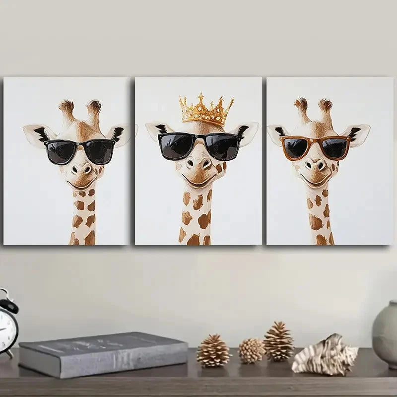 3pcs Three Cool Giraffes With A Royal CrownWall Art Set Canvas Framed 60x90cm - High Quality Print 100% Australian Made Wall Canvas Ready to Hang