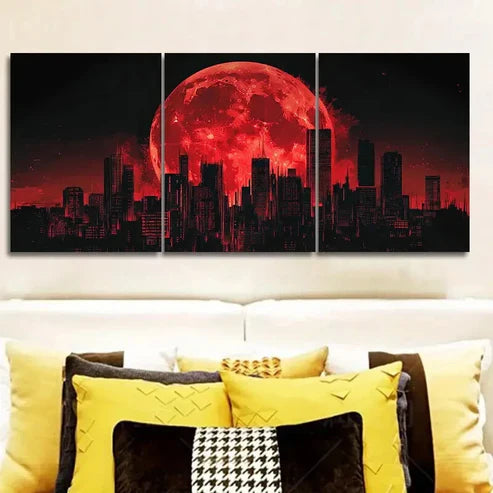 3pcs Big Red Moon Over Cityscape Wall Art Set Canvas Unframed - High Quality Print 100% Australian Made Wall Canvas