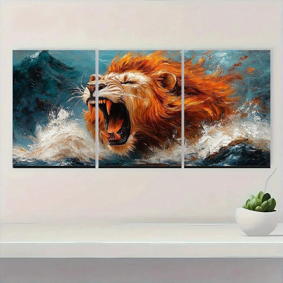 3pcs Roaring Lion Modern Abstract Painting Metal Print Ready to Hang Art
