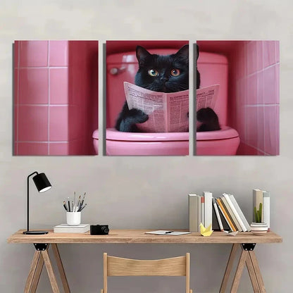3pcs Whimsical Black Cat on Pink Toilet Metal Print Ready to Hang Art