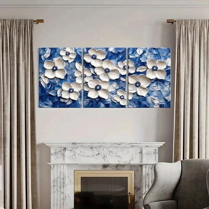 3pcs White Flowers on Blue Abstract Oil Painting Wall Art Set Canvas Framed 40x60cm - High Quality Print 100% Australian Made Wall Canvas Ready to Hang