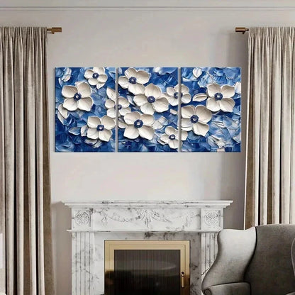 3pcs White Flowers on Blue Abstract Oil Painting Wall Art Set Canvas Framed 40x60cm - High Quality Print 100% Australian Made Wall Canvas Ready to Hang